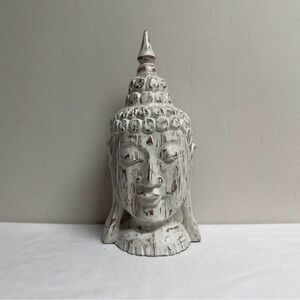 Vintage White Buddha Head Carved Wood Bust Sculpture Statue